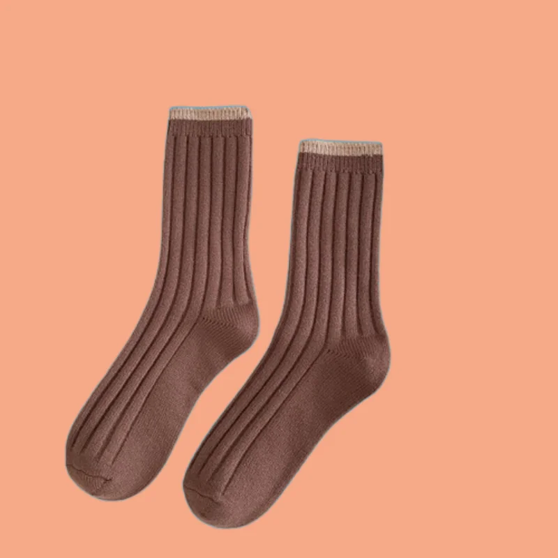 3/6 Pairs Thick Warm Japanese Vertical Striped Stacked Socks Solid Color Women's Autumn and Winter Middle Socks New Wool Socks