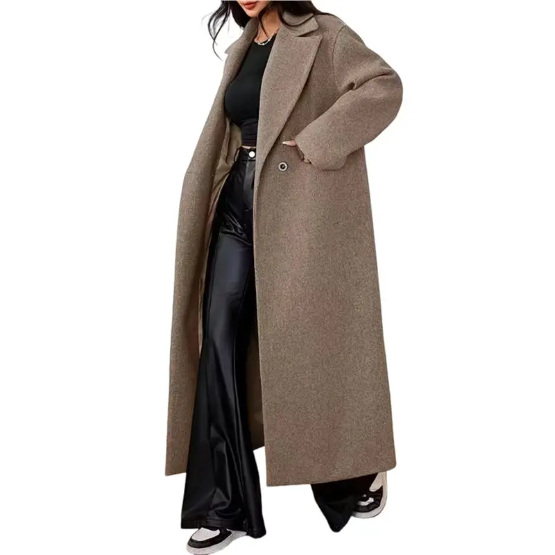 

A19Q-Women's Winter Oversized Wool Coat Notched Lapel Collar Loose Fit Maxi Long Overcoat Streetwear