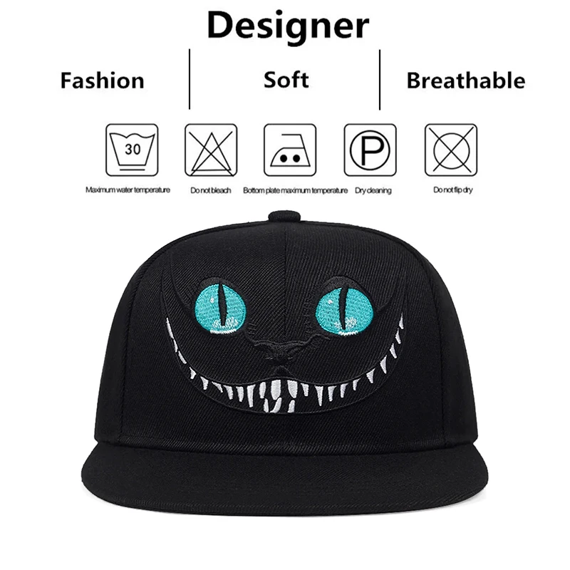 Berretto da baseball con ricamo gatto Cheshire alla moda da uomo Cappellini snapback con faccina carina Cappello in cotone unisex Cappellini hip-hop da sole regolabili