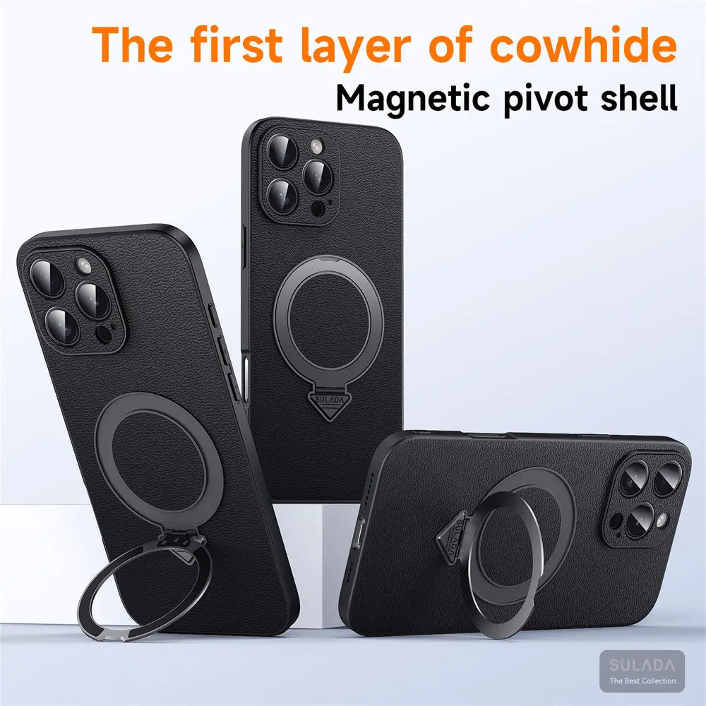 Genuine Cowhide Leather Magsafe Case For iPhone 16 Pro Max 16 15 Magnetic Ring Bracket Back Cover