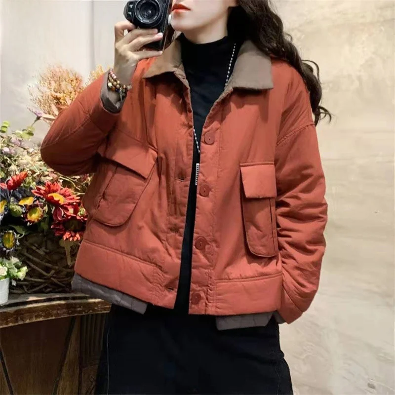 

Женское утепленное хлопковое пальто с длинными рукавами в стиле ретро, на пуговицах, из полиэстера, с воротником, однобортное