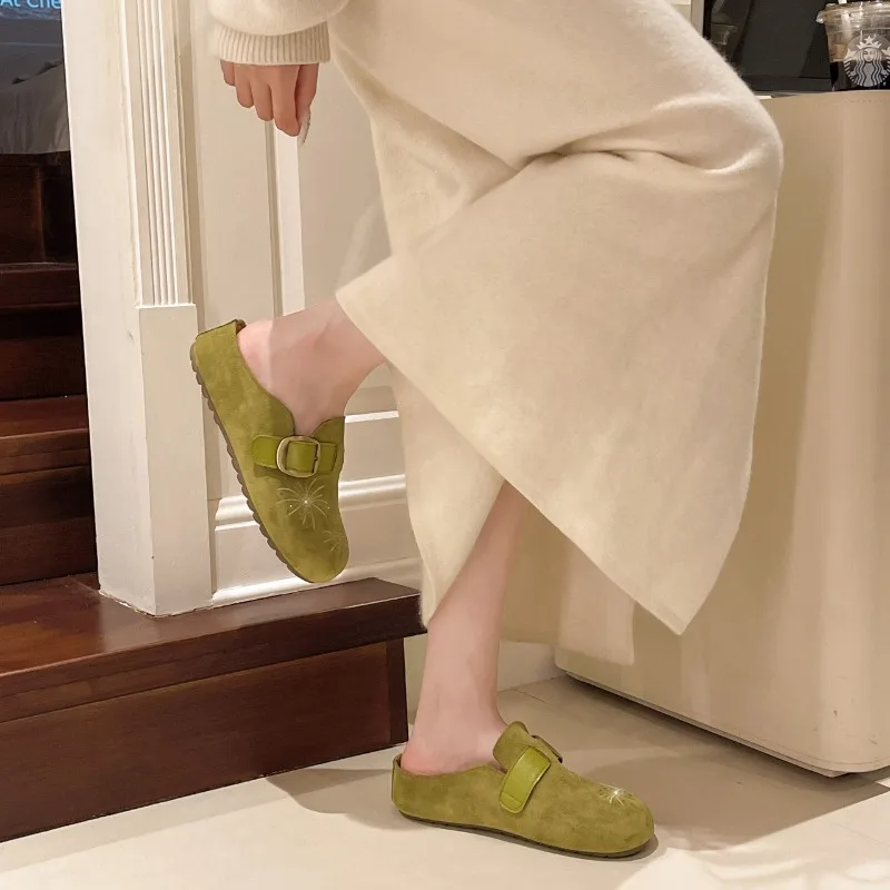 Retro Beaded Half-pedal Slippers for Women, New Summer 2026 Style, Suitable for Casual Wear, Petite Size.