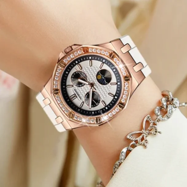 

Hanbro Women Fashion Watch 37mm Ladies Quartz Wristwatch Luminous Waterproof Silicone Strap Week Date Triple Windows