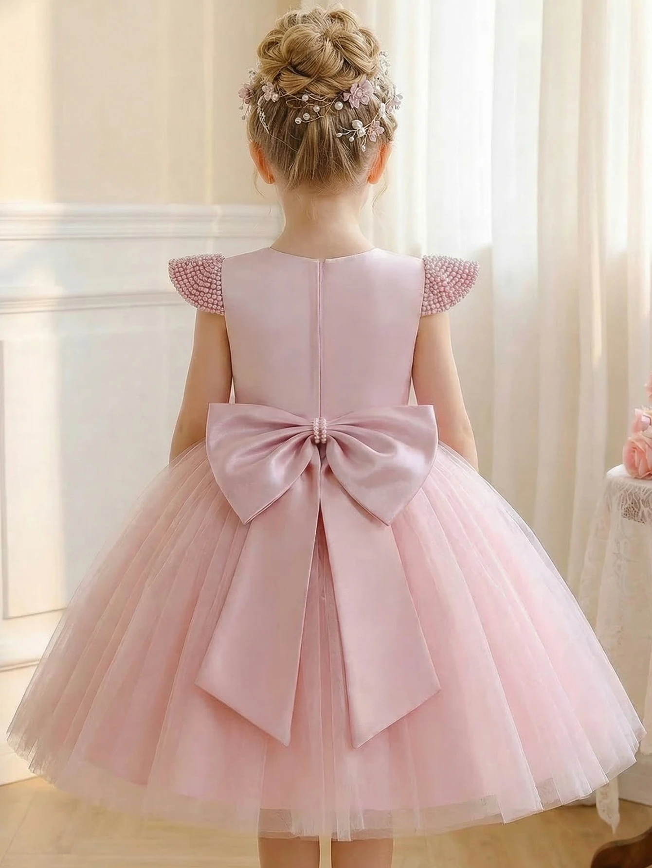 

Young Girl Elegant Pink Princess Dress Pearl-Encrusted 3D Bow Patchwork Net Silk Party Formal Dress,Birthday,Vacation,Daily wear