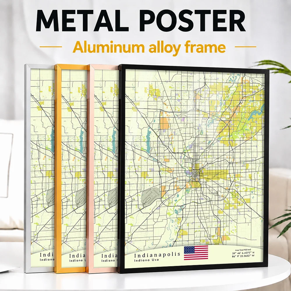 Indianapolis Indiana USA Street Map Metal Poster With Aluminum Alloy Frame Personalized Line Drawing Wall Art For Guest Bedroom