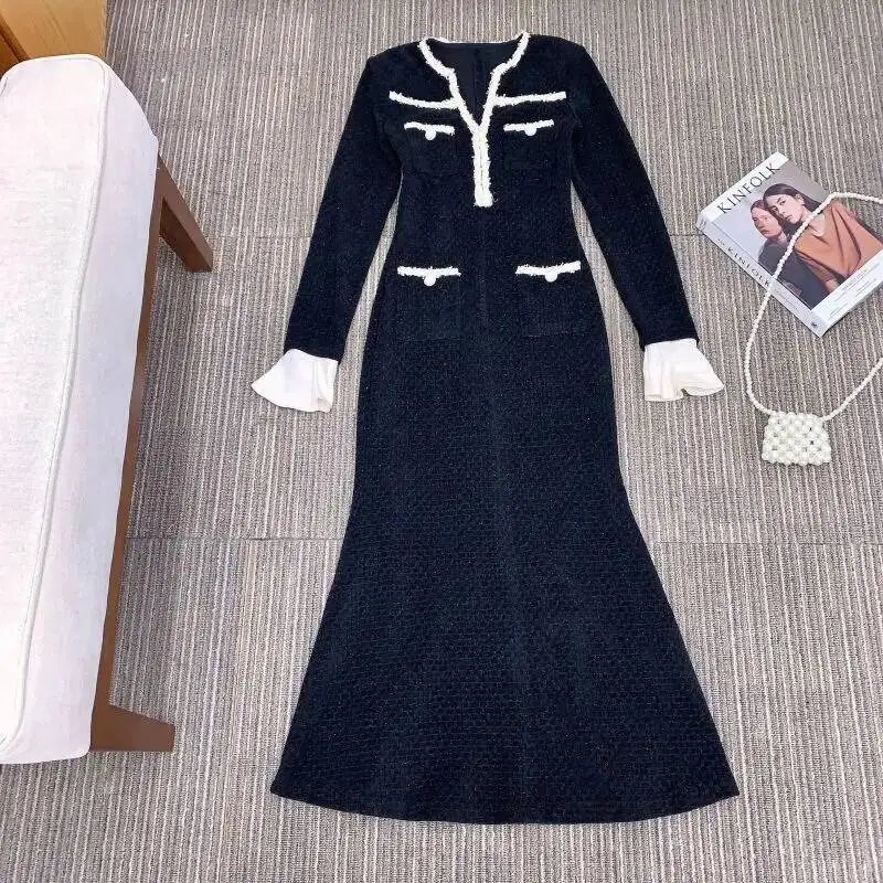 

Элегантное осеннее вязаное длинное платье для подиума, женское винтажное платье-футляр с длинным рукавом «рыбий хвост», брендовый дизайн, зимняя одежда