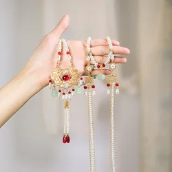 Hanfu Tassels Necklace Pearl Pendant Chinese Wedding Accessories Golden Long Chain Necklaces Vintage Costume Decorative Jewelry