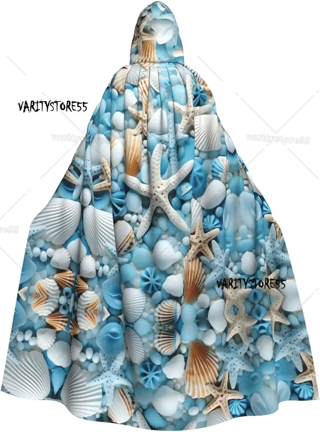 

Ocean Sea Beach Seashells Starfish Blue Prints Halloween Adult Hooded Cape Cloak Halloween Role-playing