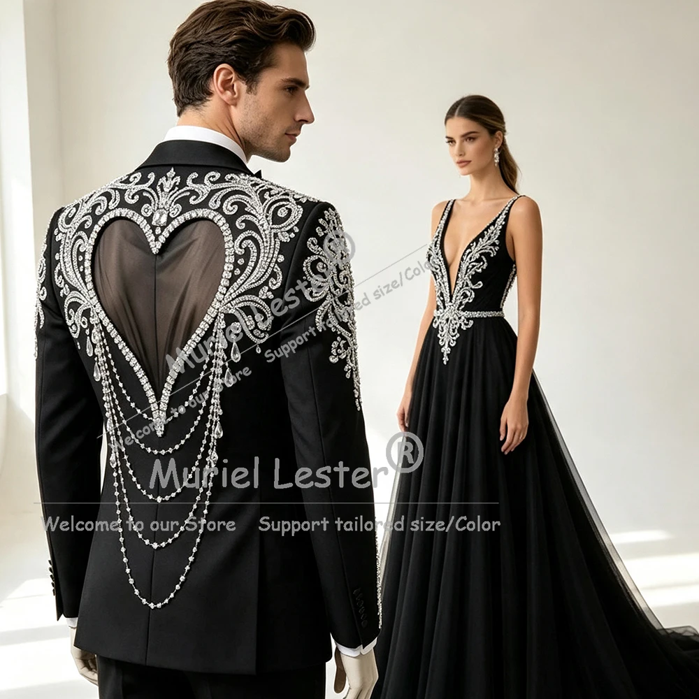 Exclusive Men's Suit Illusion Tulle Heart Design Back Jacket Pants 2 Piece Sets Glittery Rhinestones Beaded Groom Wedding Tuxedo