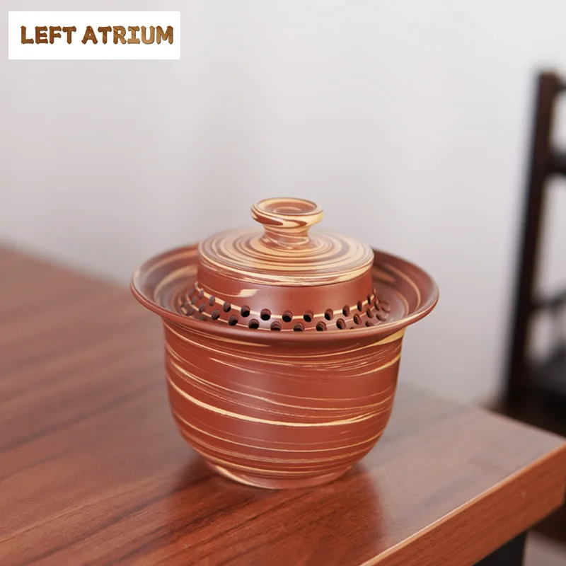 

200ml Handmade Raw Ore Mixture Twist Gaiwan Qinzhou Nixing Pottery Teapot Hand Held Bowl With Full Hole Filter Tea Tureen Teaset