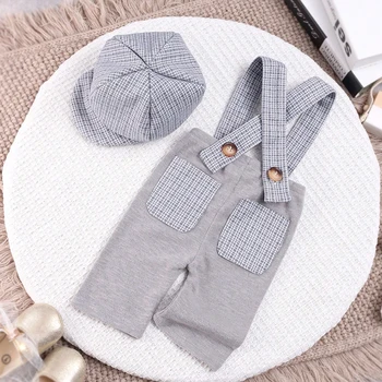 Ylsteed Little Gentleman Photography Outfits Newborn Boy Plaid Pocket Suspender Trousers with Casquette Infant Shooting Jumpsuit 6