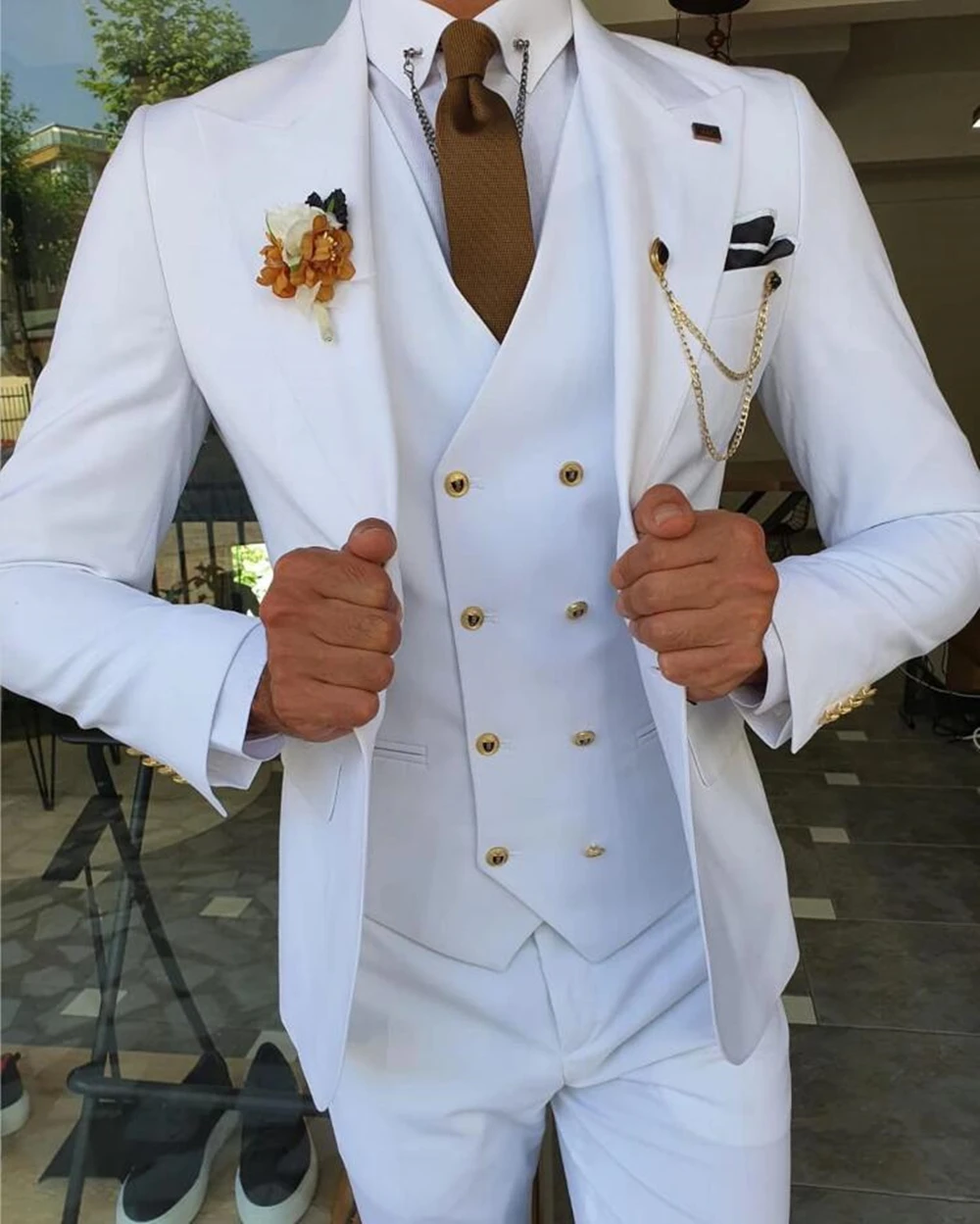 Weiße elegante Männer Anzug Hochzeit Smoking für Bräutigam Abend garderobe maßge schneiderte Kostüm Mariage Homme drei Stück (Mantel Hosen Weste)