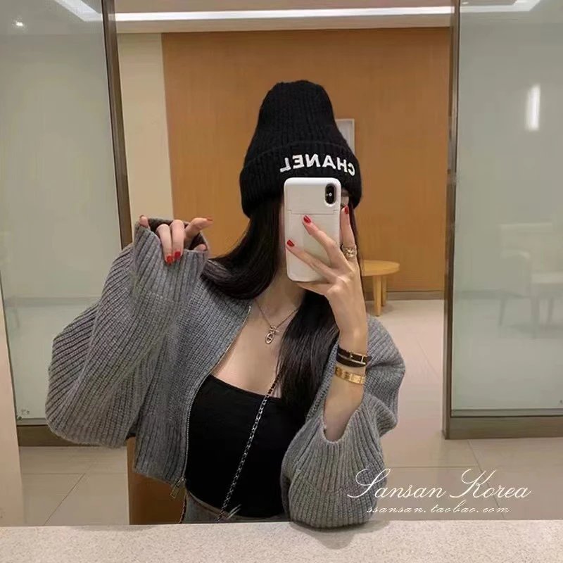 MEXZT Y2k Cropped Knitted Cardigan Women Streetwear Black Oversized Sweater Coat Harajuku Korean Zipper Knitwear Fashion Jumpers