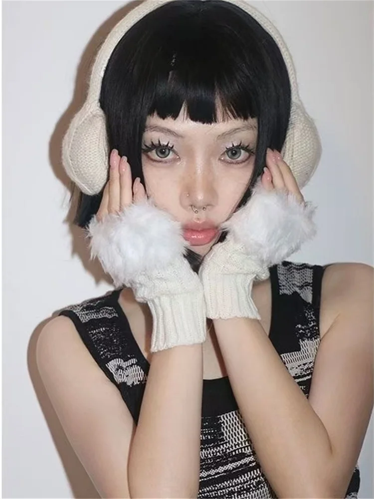 LOTDOOTN اليابانية Harajuku أفخم أصابع محبوك الكفة قفازات Y2K غطاء للأكمام شتاء دافئ الندى نصف اصبع الذراع قفازات القفازات