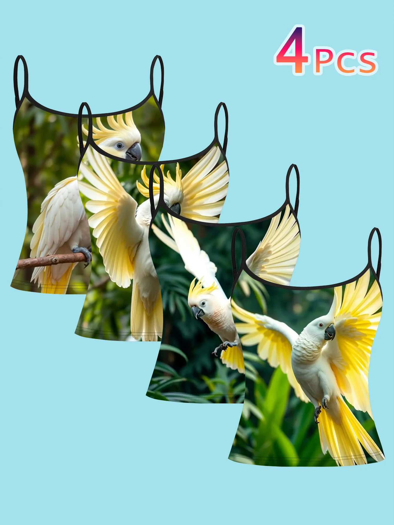 4-Piece Set of Forest-Themed Dynamic Parrot Suspenders Set, Tropical Green Leaf Women's Spaghetti Strap Inner Layering Top