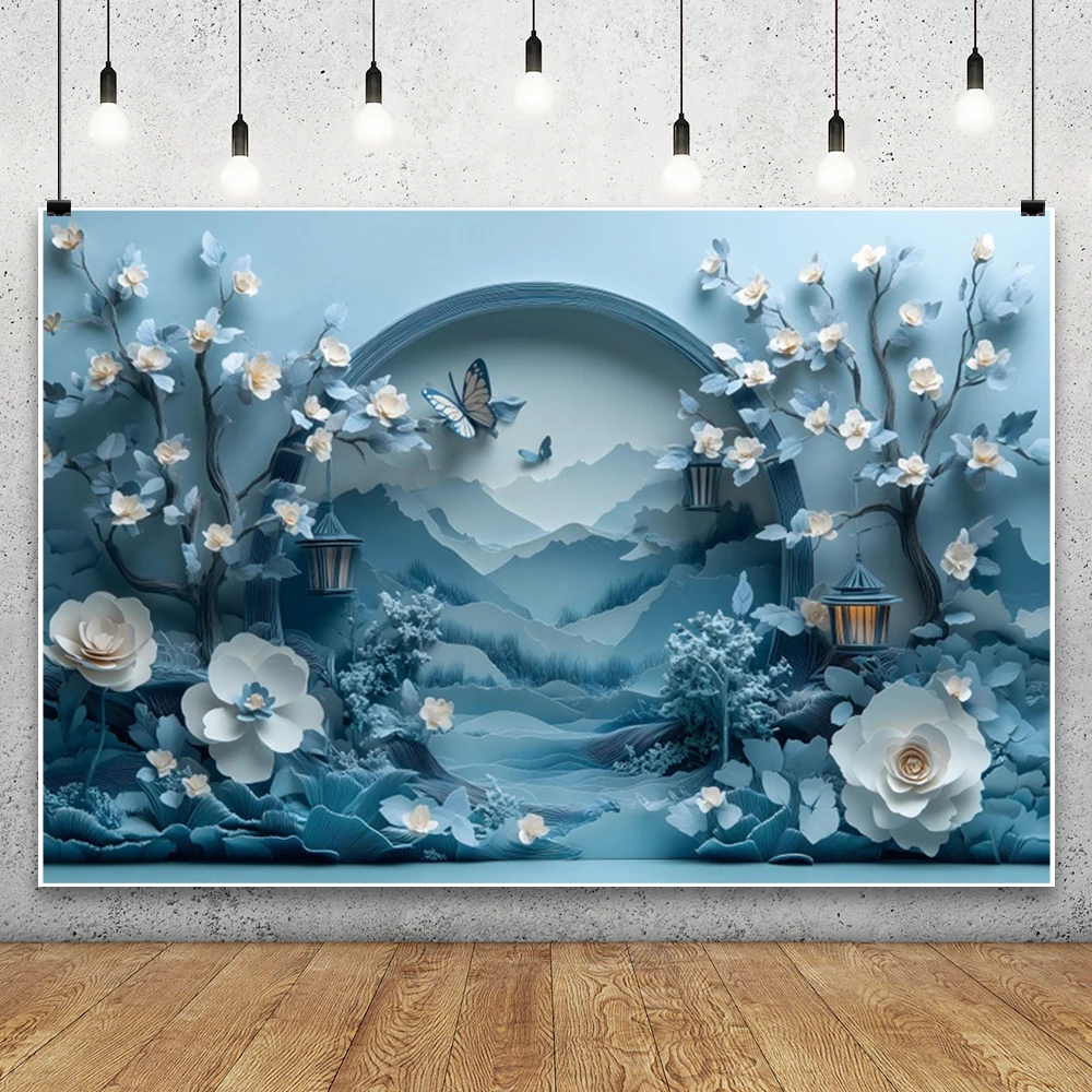 Blue White Flowers Photography Background Chinese Style Blue Wall Scenery Bride Shower Wedding Birthday Party Decoratin Backdrop