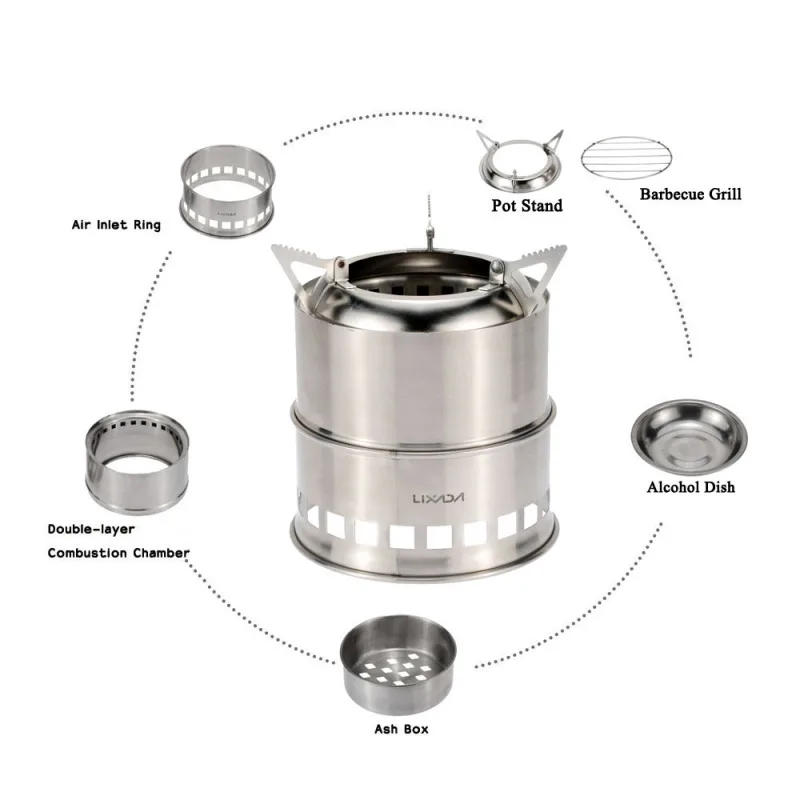 Lixada Piec na drewno ze stali nierdzewnej Kuchenka kempingowa na alkohol Palnik na zewnątrz Gotowanie na świeżym powietrzu Piknik BBQ Kemping