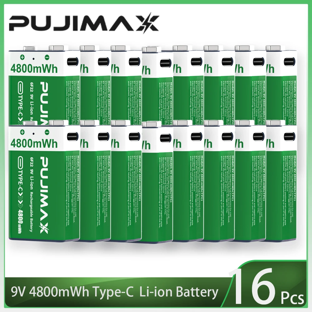 PUJIMAX USB 9V Oplaadbare Batterij 4800mWh Type-C Oplaadbare 6F22 9V Li-ion Batterij voor RC Helicopeter Model Multimeter Speelgoed