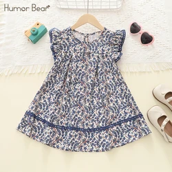 Humor Bear Girls Clothes Flying Sleeve Round Neck Floral Printed Lace Dress Casual Style Children's Clothing