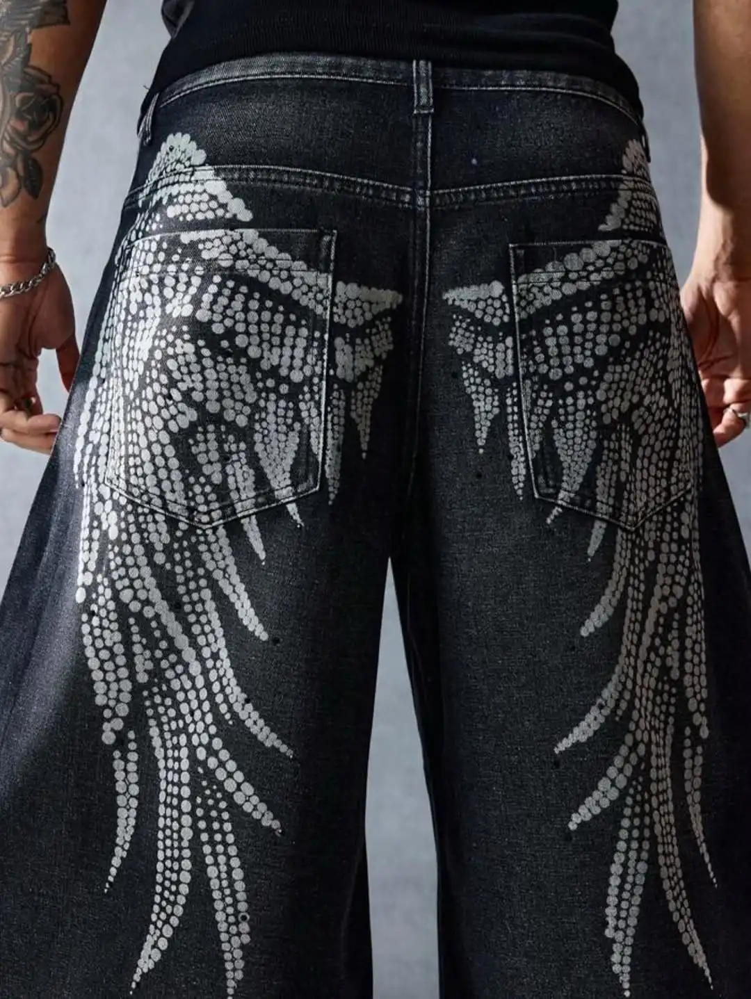 

Harajuku, черные трендовые наряды в корейском стиле, простые мешковатые джинсы с принтом ангела, мода 2025 года, необходимые однотонные прямые брюки в стиле ретро