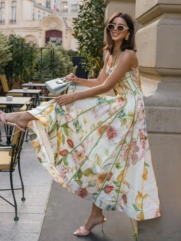 Printed Sleeveless Halter Long Dress Women Chic Waist Cinching A-line Sling Slim Fit Dresses Lady Spring Summer Vacation Gown - AliExpress 200000345 Printed Sleeveless Halter Long Dress Women Chic Waist Cinching A-line Sling Slim Fit Dresses Lady Spring Summer Vacation Gown - AliExpress 200000345