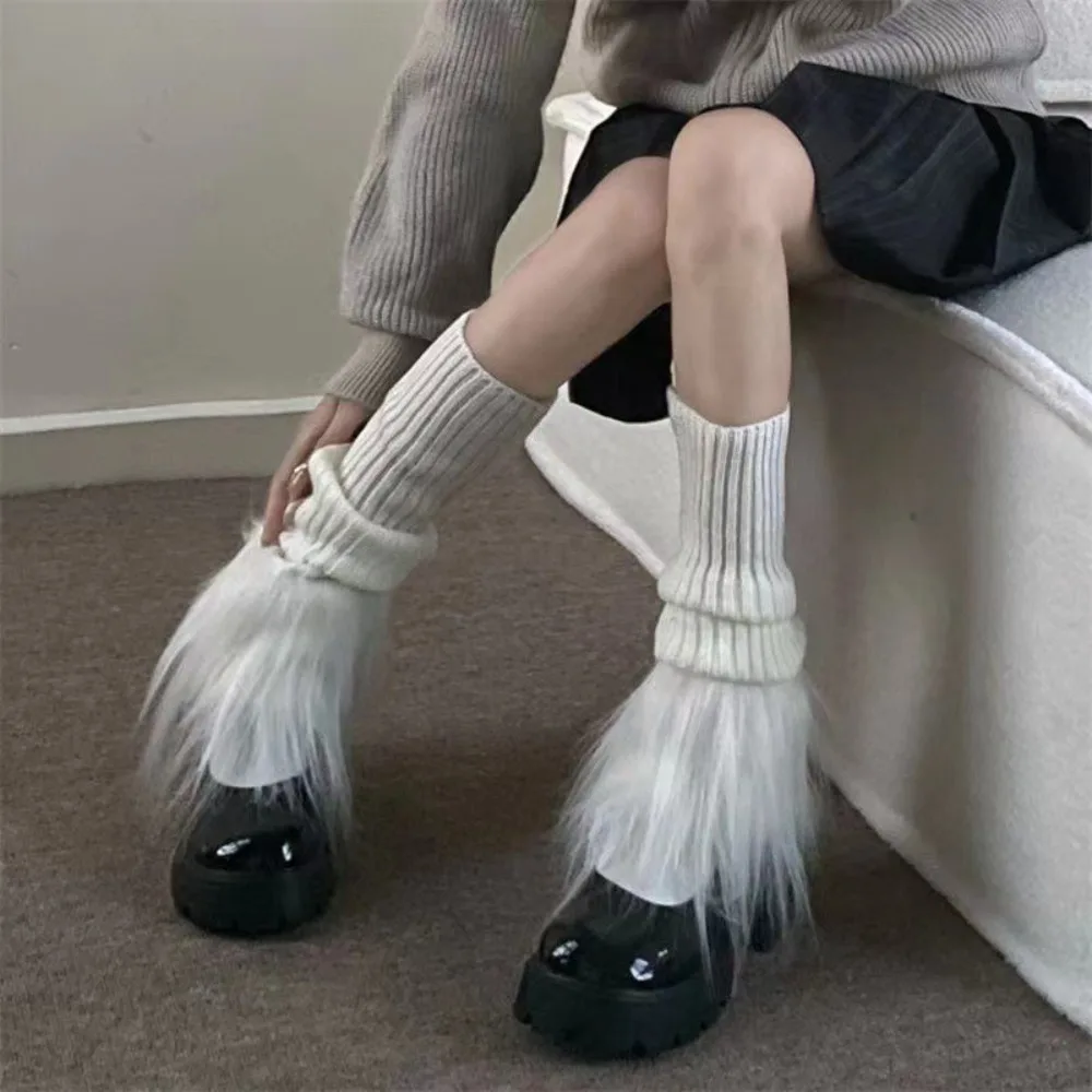 

Fashion Y2K Leg Warmers with Fur Trim Keep Warm Boot Cuffs Faux Trim Solid Color Crochet Sock Autumn