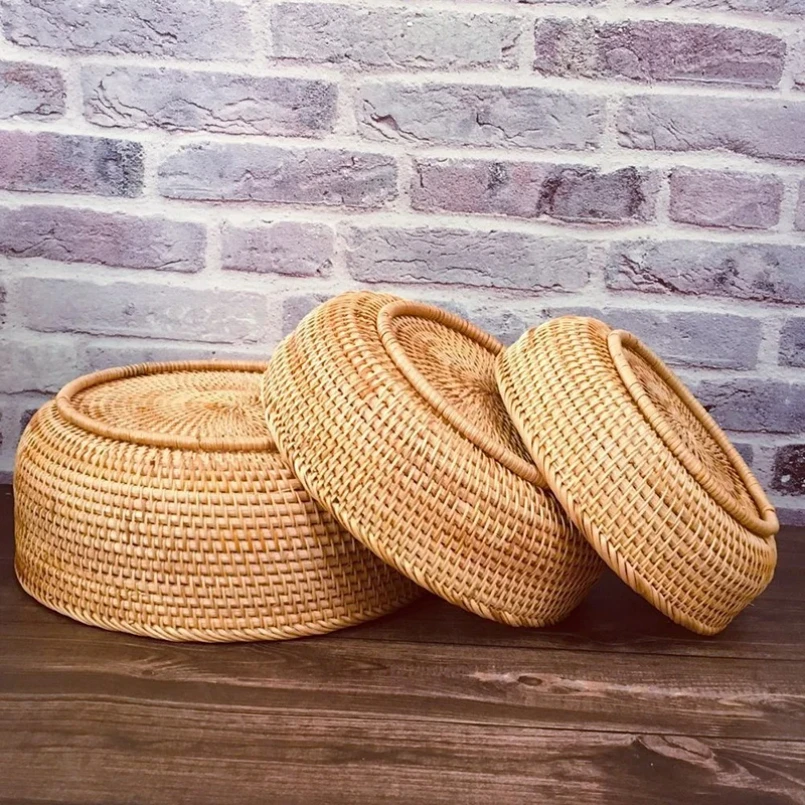 Hand-woven Rattan Wicker Basket Storage Box Fruit Tea Snack Bread Basket Cosmetic Desktop Storage Box Household Kitchen Supplies