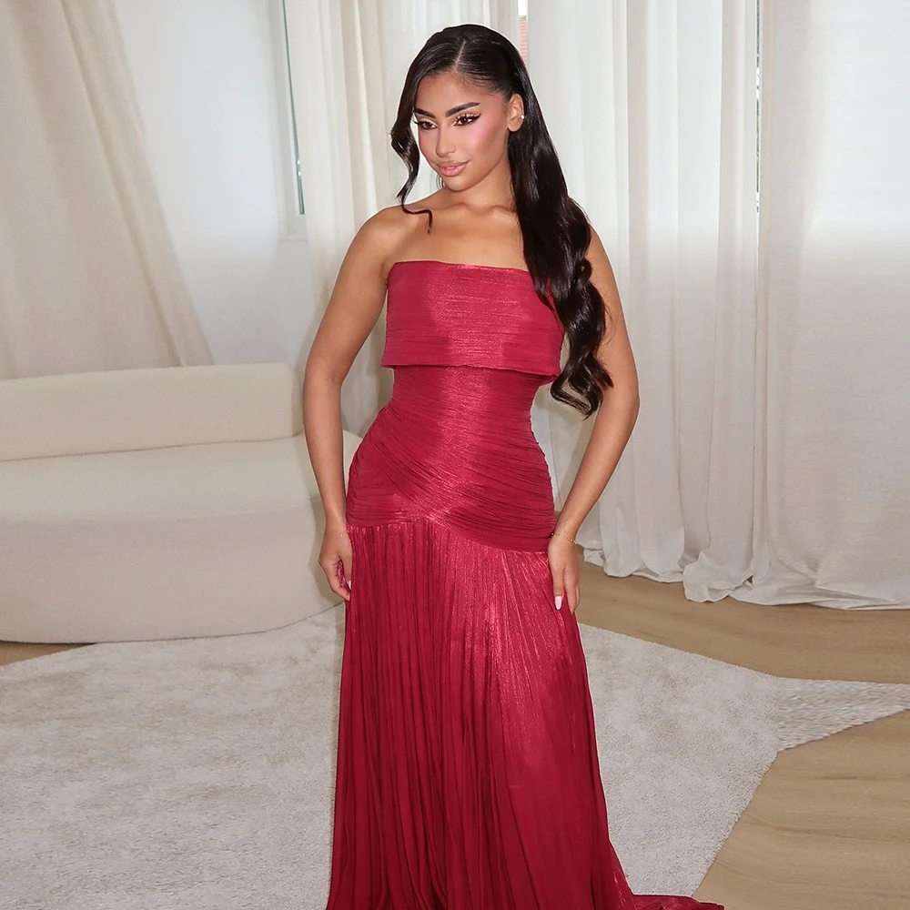 

Eightale Evening Dresses Strapless Pleats Burgundy Customized Floor Length Mermaid Prom Party Gown vestido de fiesta