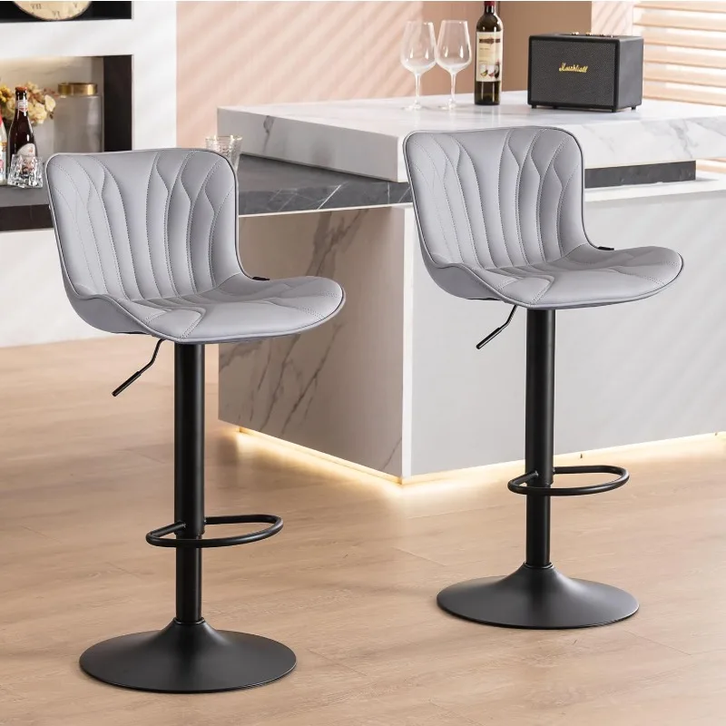 Black Bar Stools Set of 2 Modern Swivel Counter Height Bar Chair with Back Adjustable Kitchen Island Faux Leather Padded