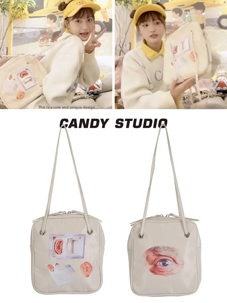 Quirky Artistic Eye Ear Print Single Shoulder Bag Crossbody Bag Personality Fashionable Nylon Fabric Zipper Closure Leisure Bag