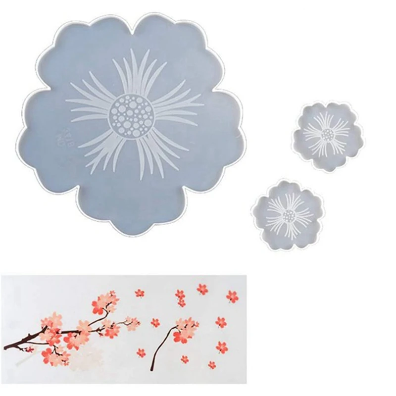 Crystal Sakura Flower Coaster Silicone Mold With Sticker For Making Epoxy Resin Art Supplies Make Your Own Coaster