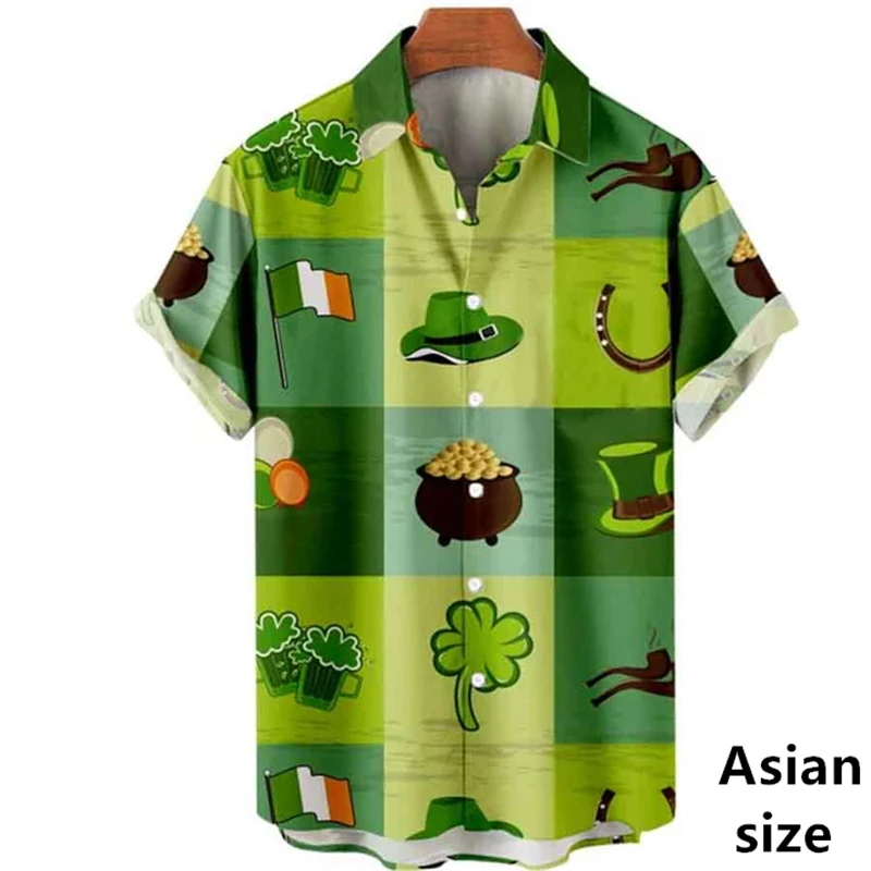 

St. Patrick's Day Hawaiian Shirts For Men Women 3D Print Lucky Clover Graphic Festival Beach Shirts Fashion Casual Unisex Blouse