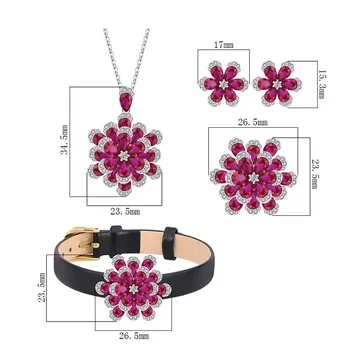 Vintage 100% 925 sterling silver flower ruby ​​high carbon diamond ring/necklace/earrings/bracelet bridal jewelry sets party gift