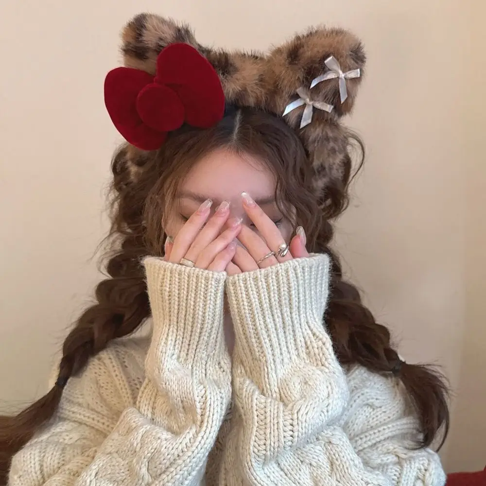 

Fashion Leopard Print Cat Ear Headband Bow Portable Cute Headhoop Lightweight Party Headwear Women Girl