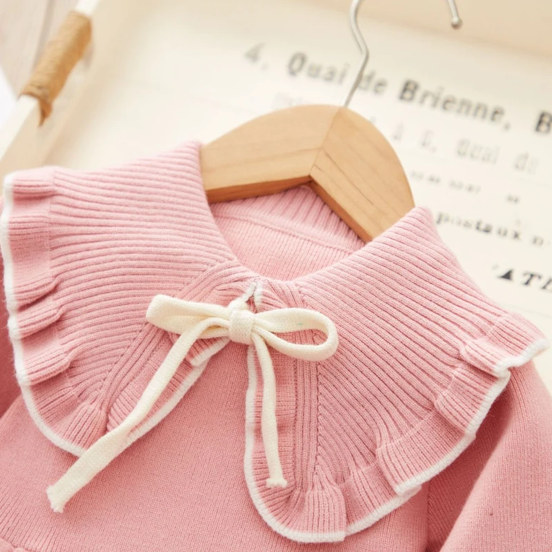 Korean Autumn/Winter Knitted Cute Dress Girl Striped Butterfly Applique Pearl Button Warm Sweater Long Sleeve Knitted Skirt 2-6Y