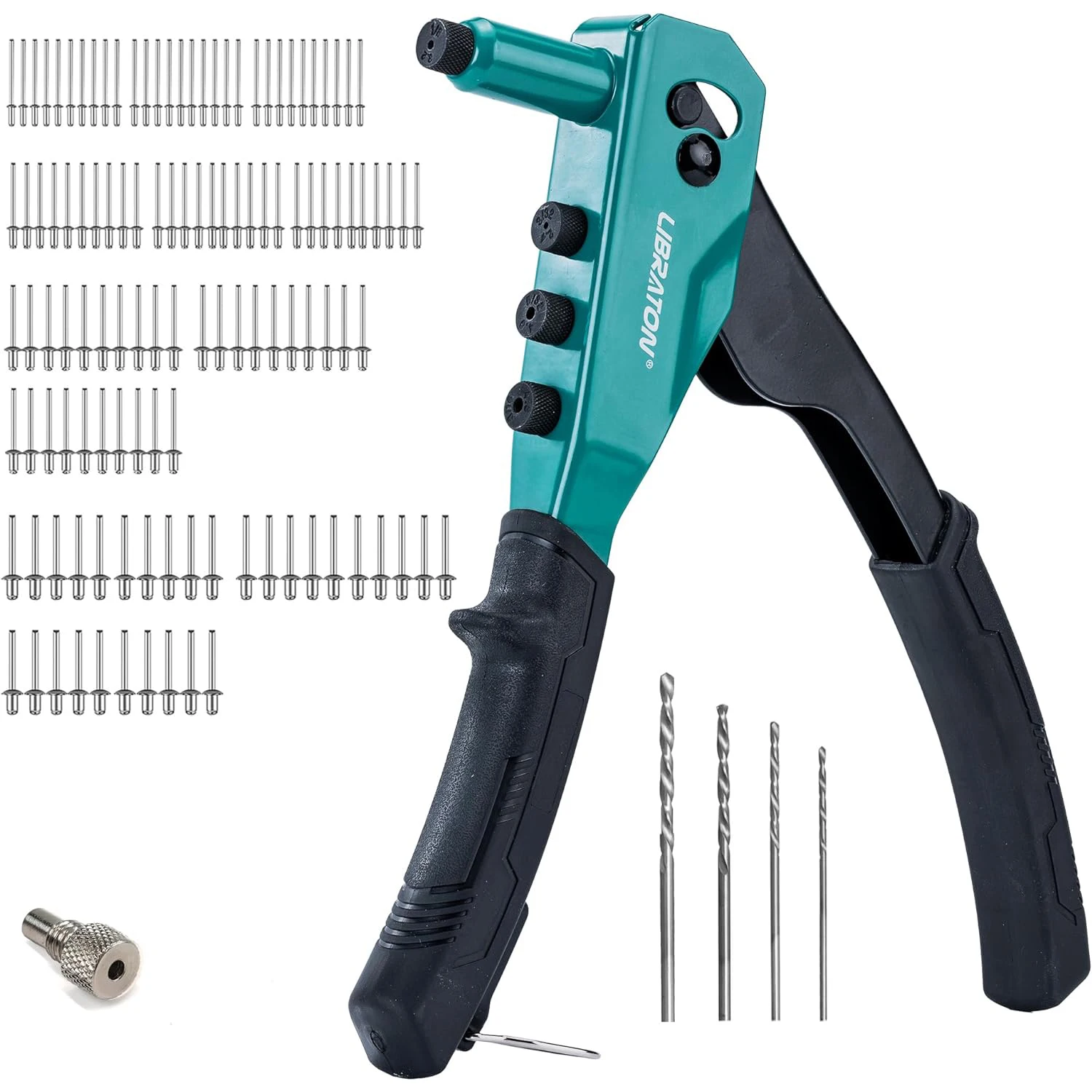 

Libraton Rivet Gun Kit, Heavy Duty Manual Riveting Tool with 120 Blind Rivets,4 HSS Drill Bits,4 Tool-free Interchangeable Heads