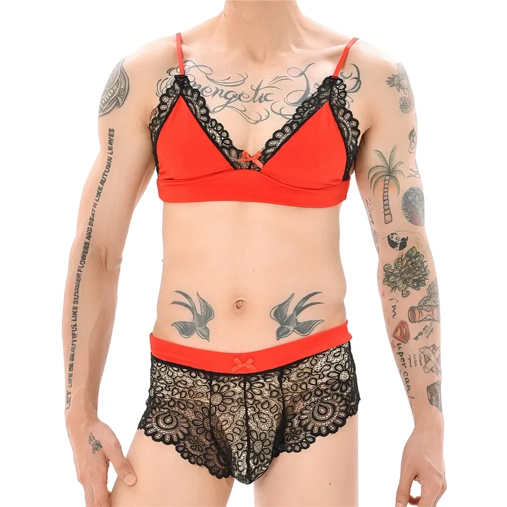 

Mens Sexy Lingerie Set Sissy Bra Lace Sissy Boxers Shorts Nightwear Crossdress Bow Sheer Underwear Spaghetti Straps Erotic Suit