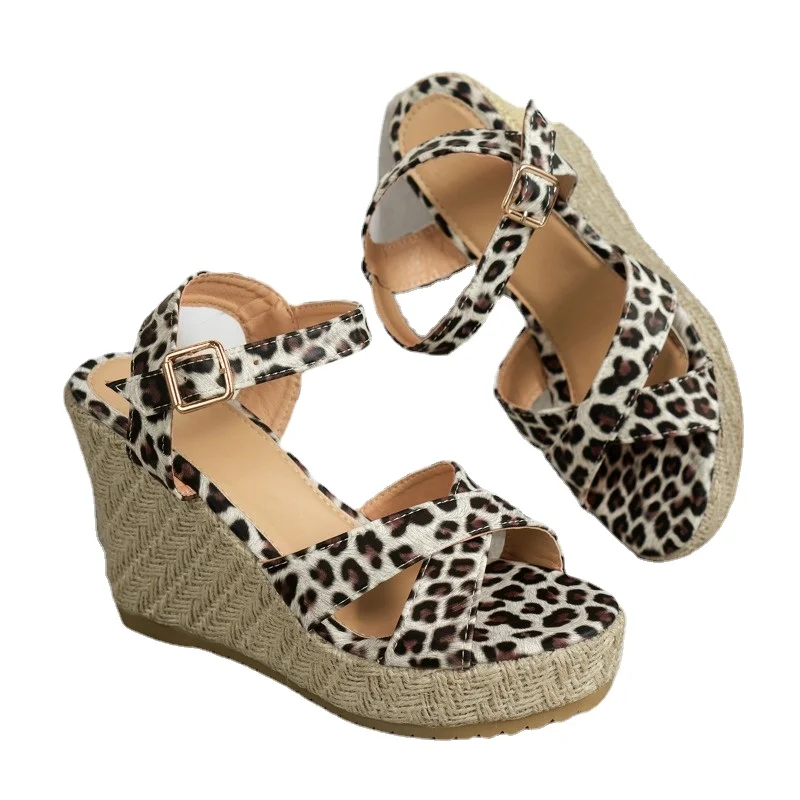 Sandalias clásicas informales de tacón alto con correa de hebilla, zapatos de moda poco profundos para mujer, cuñas con correa trasera de leopardo, 2024