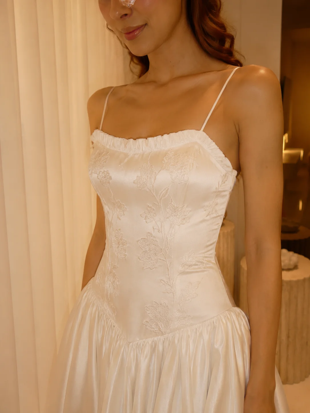 LumiGown Ivory Satin Wedding Dress Spaghetti Straps Ruffle Neck Floral Embroidery Corset Bodice A Line Bridal Gown With Train
