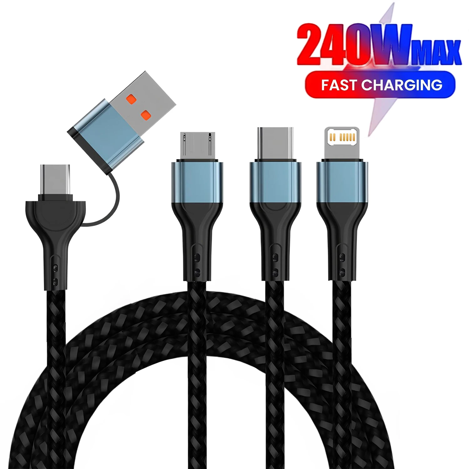 

3 In 2/4 in 1 240W Fast Charging Cord For Micro USB Type C Charger Cable 1.2m Multi Usb Port Usb Charg Cord For iphone huawei