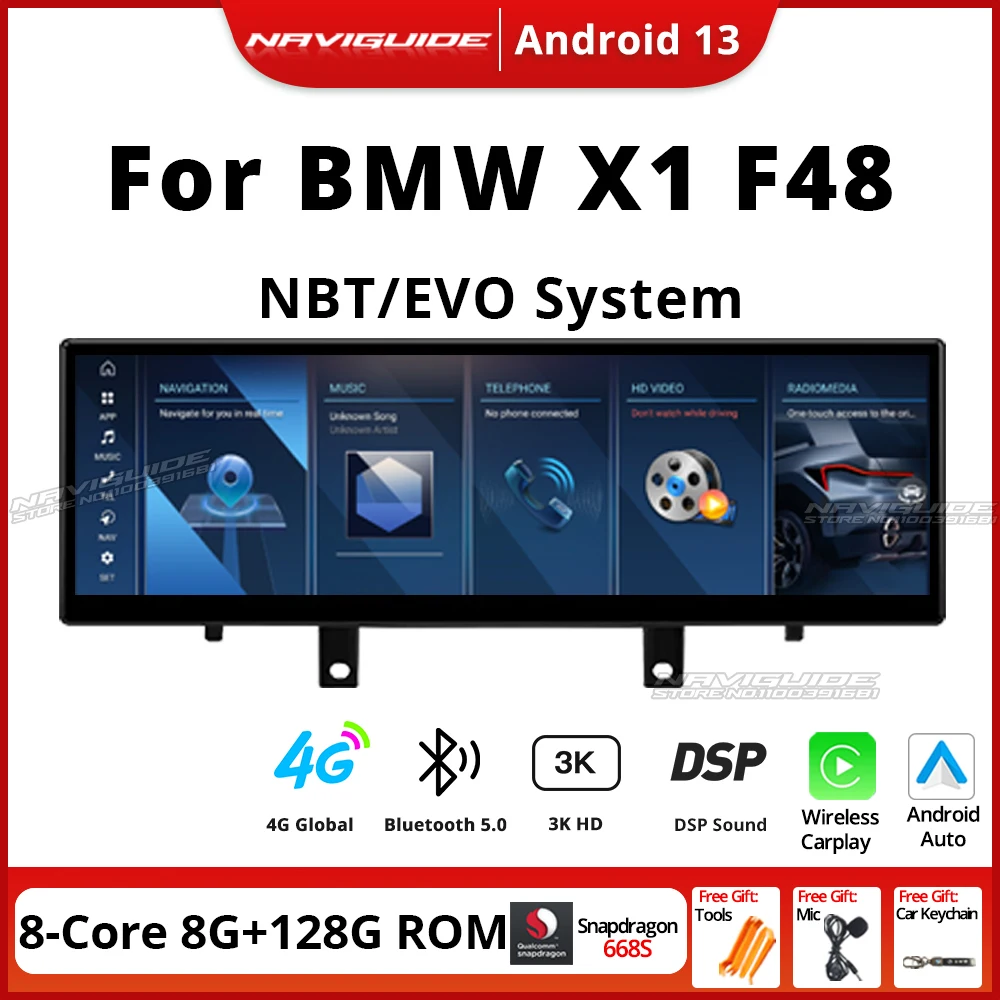 NAVIGUIDE Android 13 14.9 Inch 2560*720P For BMW X1 F48 F49 2016-2022 NBT EVO System Car Radio Multimedia Player CarPlay WIFI BT