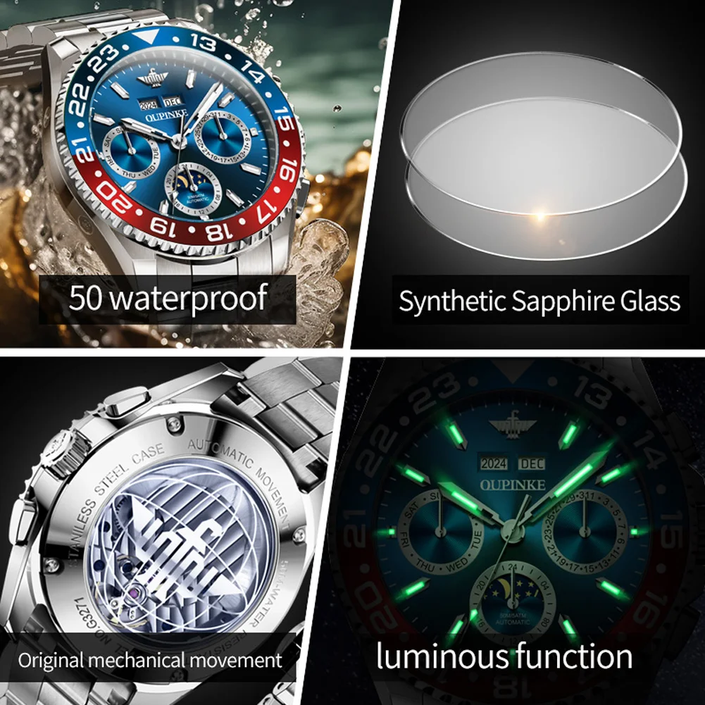 Oupinke 3271 relógio masculino original marca todo automático relógio mecânico multifuncional fase da lua cronógrafo presente superior reloj