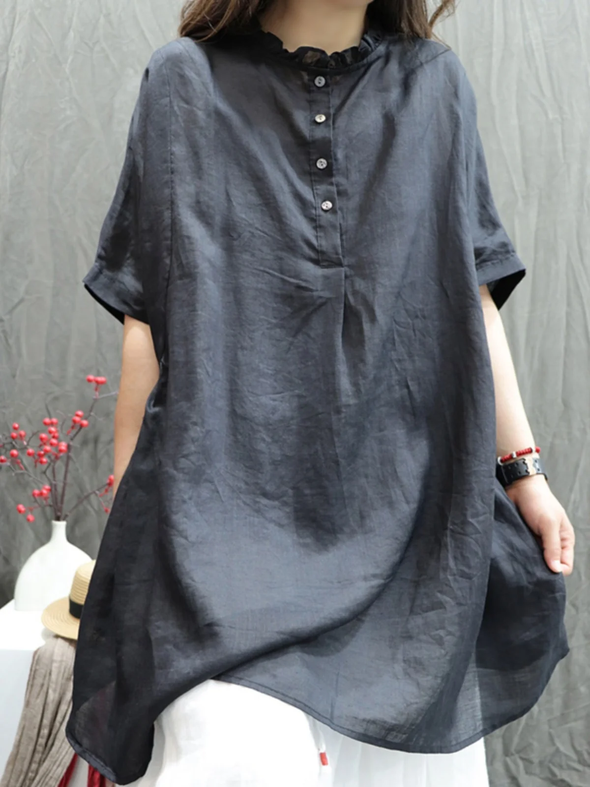 

Loose Fit Linen Cotton irt Women's Summer ort Sve T-irt Flattering plus Size Cover Belly Slimming Linen Blend Top