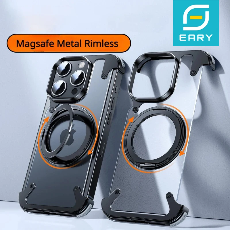 Capa de telefone Eary sem moldura para iPhone 15 Pro com 360 ° Suporte giratório para proteção magnética à prova de choque sem moldura Magsafe