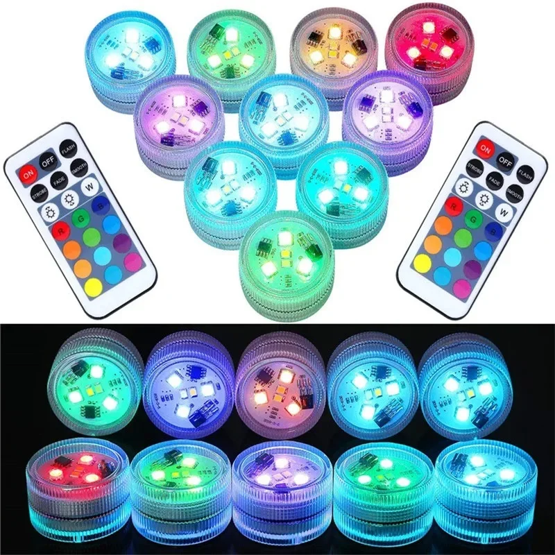 Luzes subaquáticas RGB submersíveis, alimentado por bateria, noite de piscina, decoração de lâmpada atmosférica, festa de casamento, IP68 impermeável