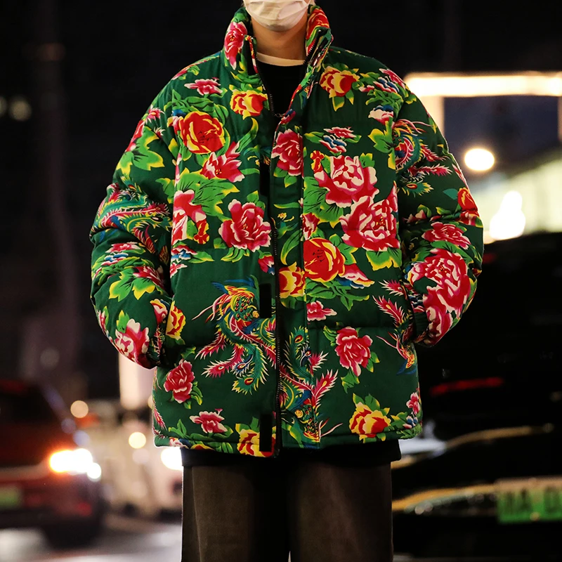 

Fashion 2024 Autumn Winter Men's Flower Cotton-Padded Jackets Outwear Casual Windproof Thick Warm Coats Youth Loose Tops Parkas