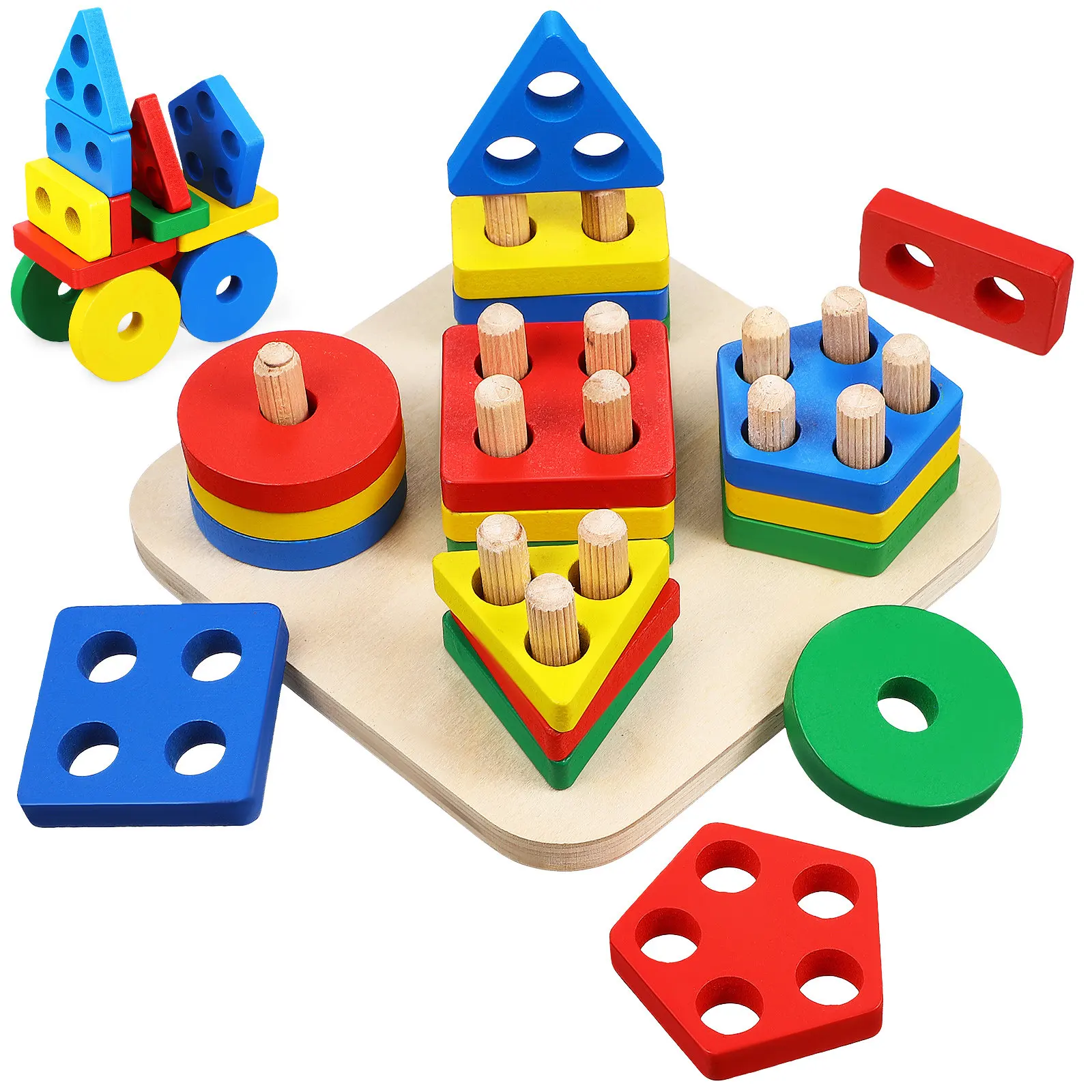 

1Set Wooden Sorting Stacking Montessori Blocks Color Shape Matching Early Educational Cognitive Development Puzzle Set