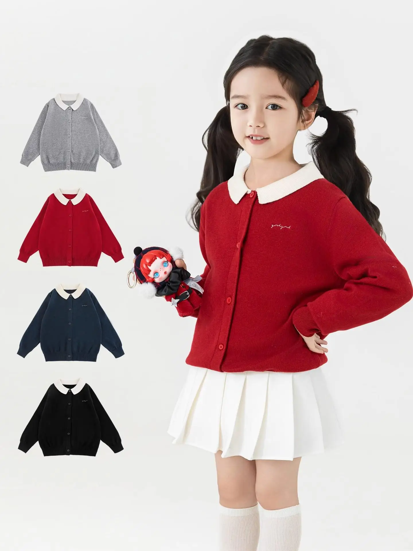 

Girls French Style Color Block Lapel Cardigan Autumn Playful Embroidered Letter Label Loose Fit Regular Shoulder Top 1-7 Years