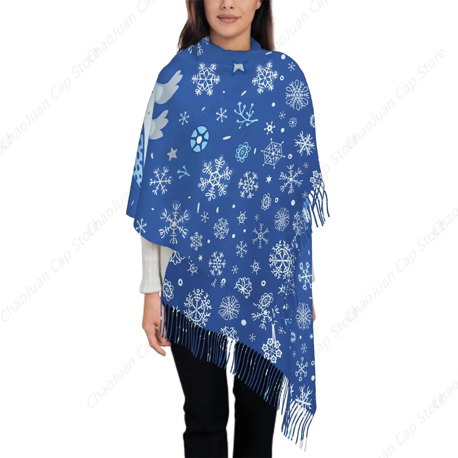 

Oversize Scarf for Women White Snowflakes Christmas Owl Xmas Trees Dark Blue Scarf Tassel Scarves Fall Winter Shawl Wraps