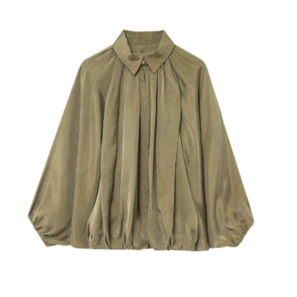 Loszittende olijfgroene jas Dames Stijlvolle brede mouwen Geplooide voorkant Lichtgewicht damesjassen Casual bovenkleding